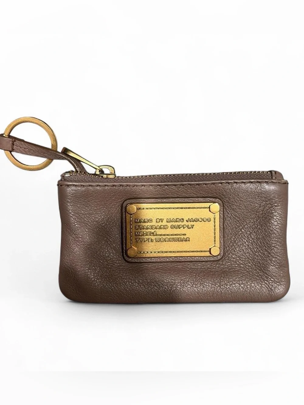 Marc by Marc Jacobs Brown Leather Zip Key Coin Pouch with Gold Plate